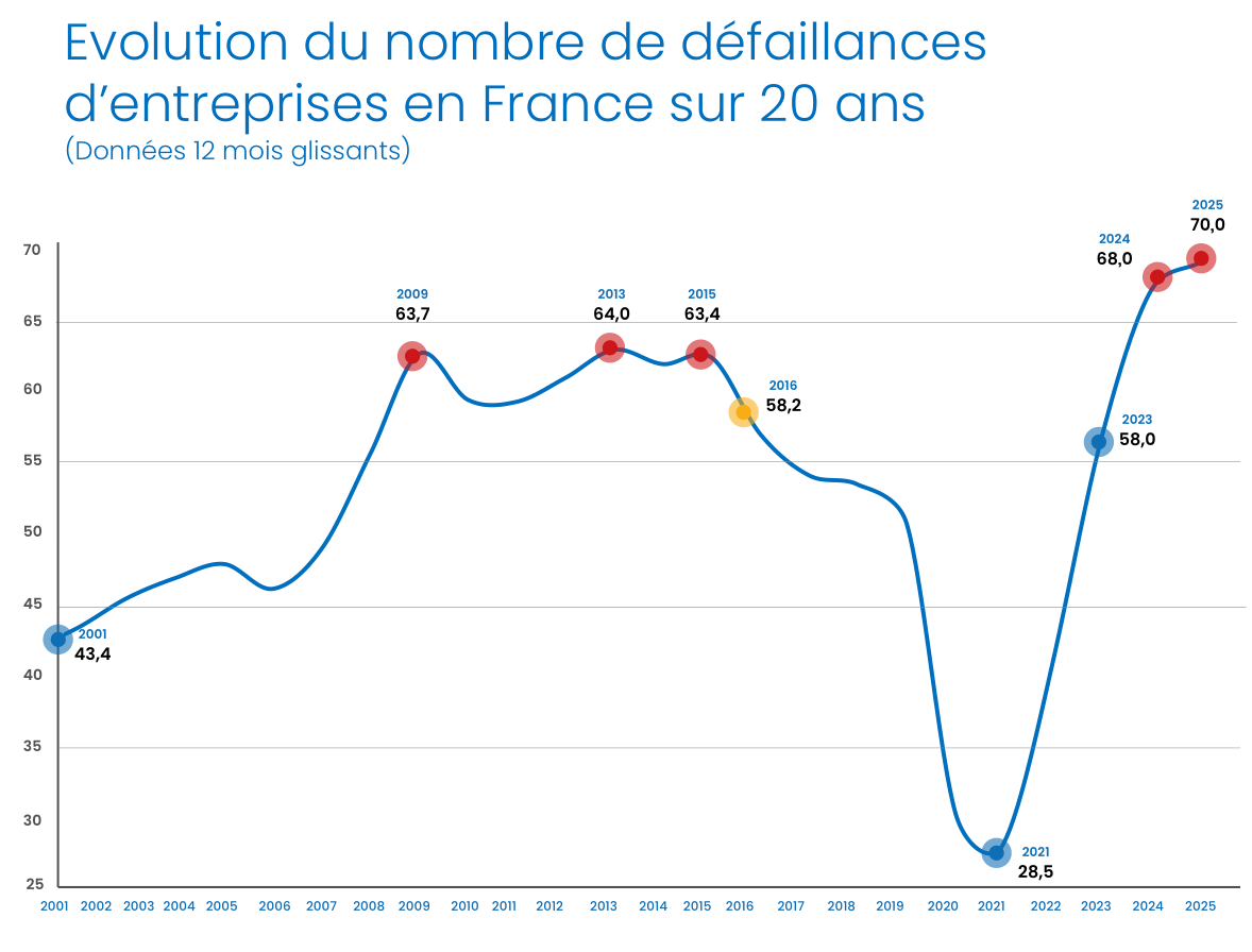 Évolution du nombre de défaillances d'entreprises en France sur 20 ans.