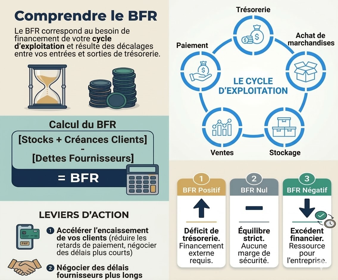 Schéma illustrant le Besoin en Fonds de Roulement (BFR) et son lien avec les délais de paiement clients.
